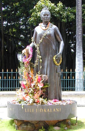The statue of Queen Lili'uokalani on the grounds of the State Capitol in Honolulu, Hawaii